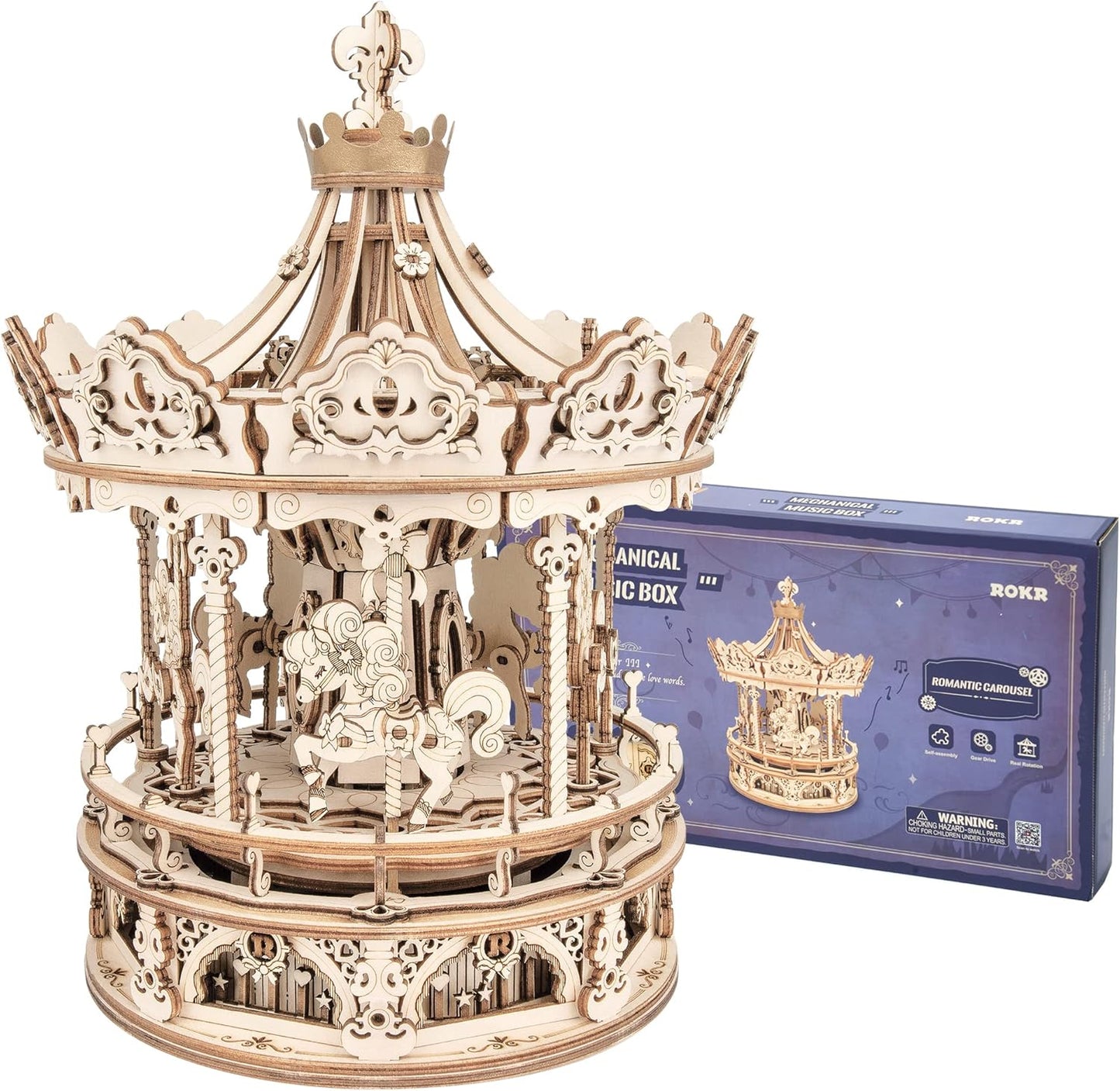 ROKR Romantic Carousel Mechanical Music Box 3D Wooden Puzzle AMK62