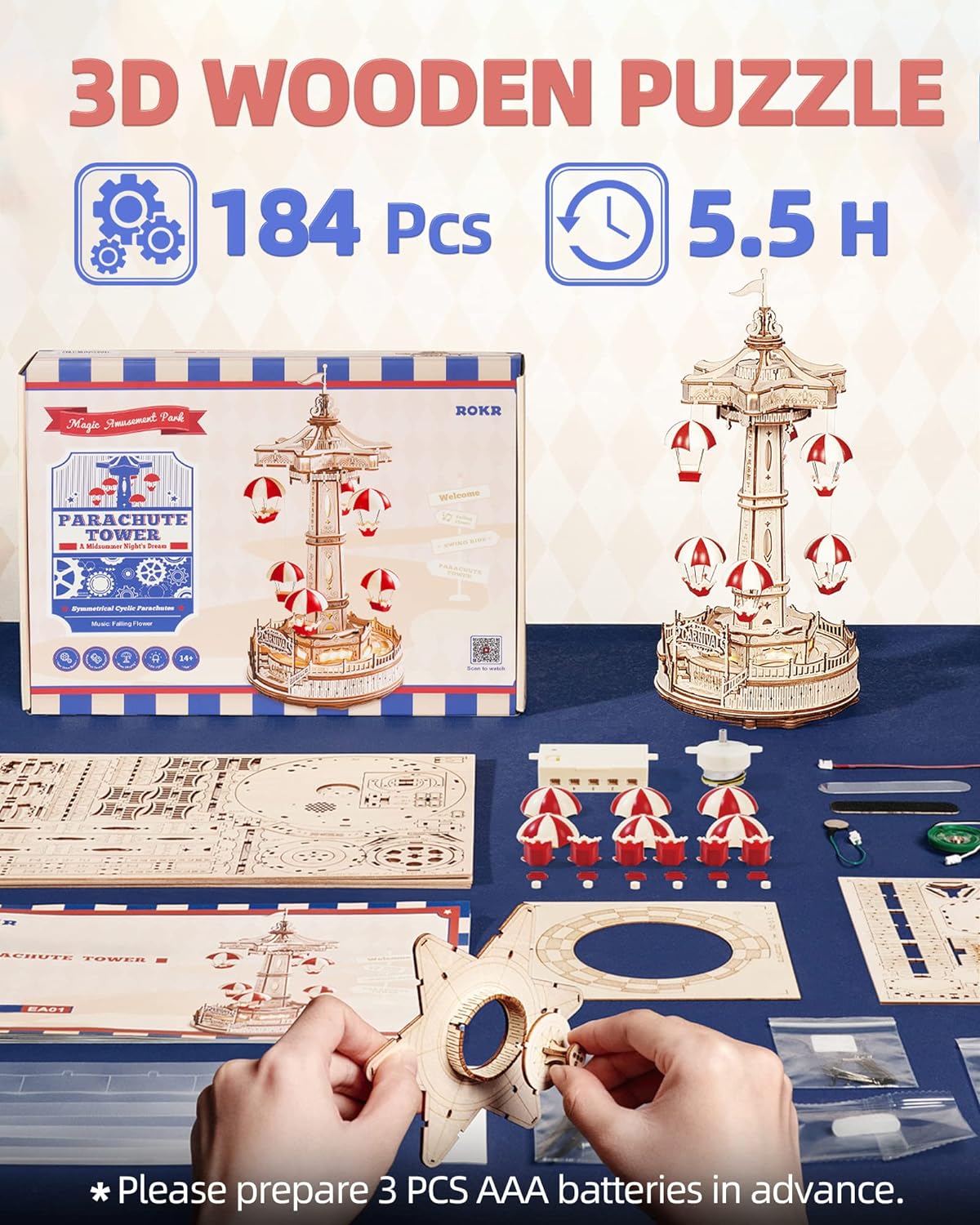ROKR Parachute Tower DIY Music Box 3D Wooden Puzzle EA01