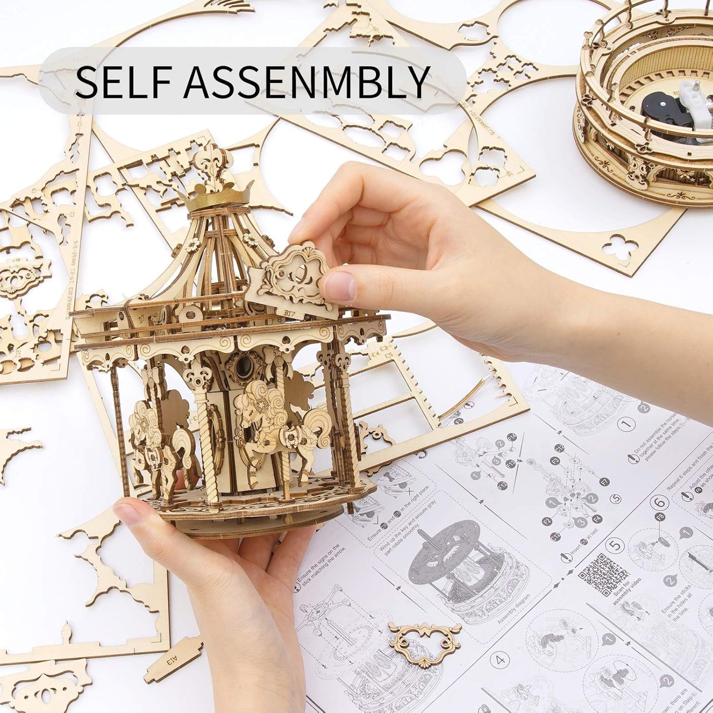 ROKR Romantic Carousel Mechanical Music Box 3D Wooden Puzzle AMK62