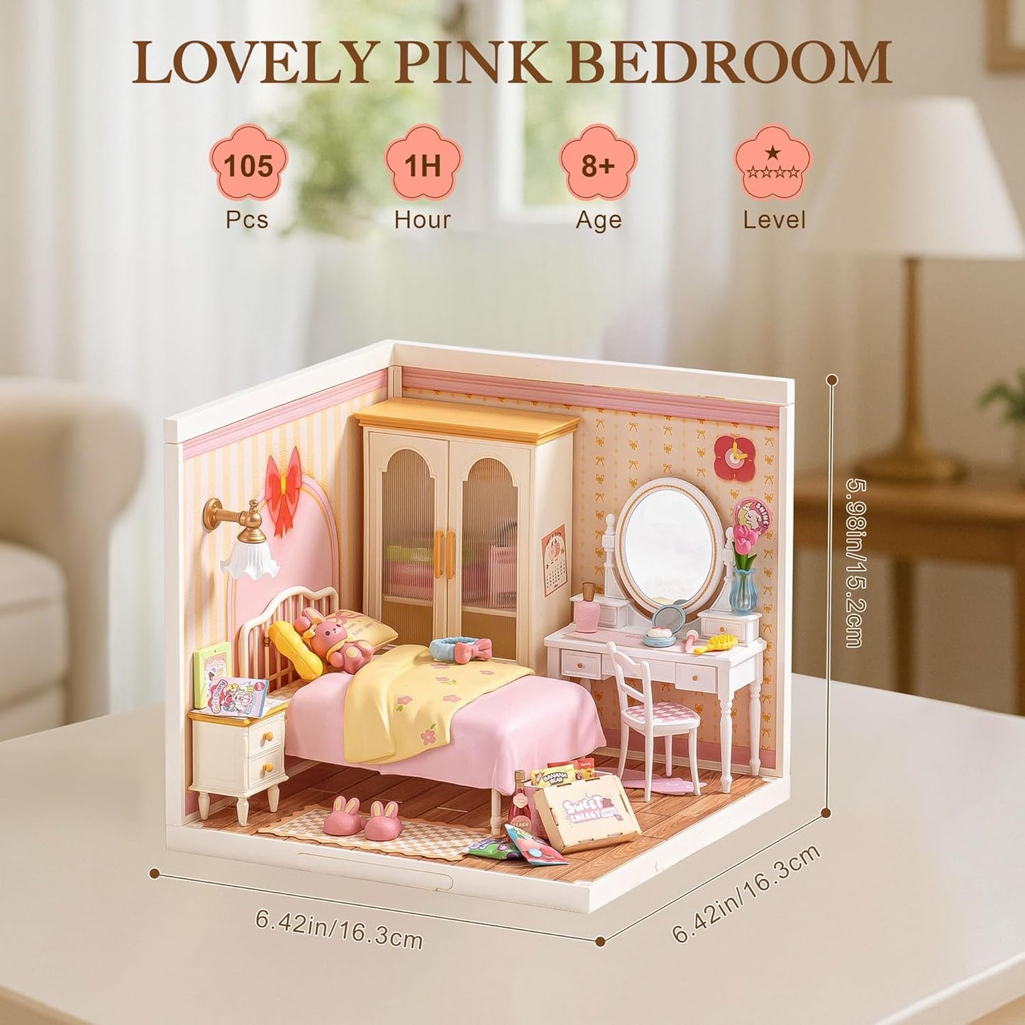 Rolife Lovely Pink Bedroom DIY Miniature House DW016