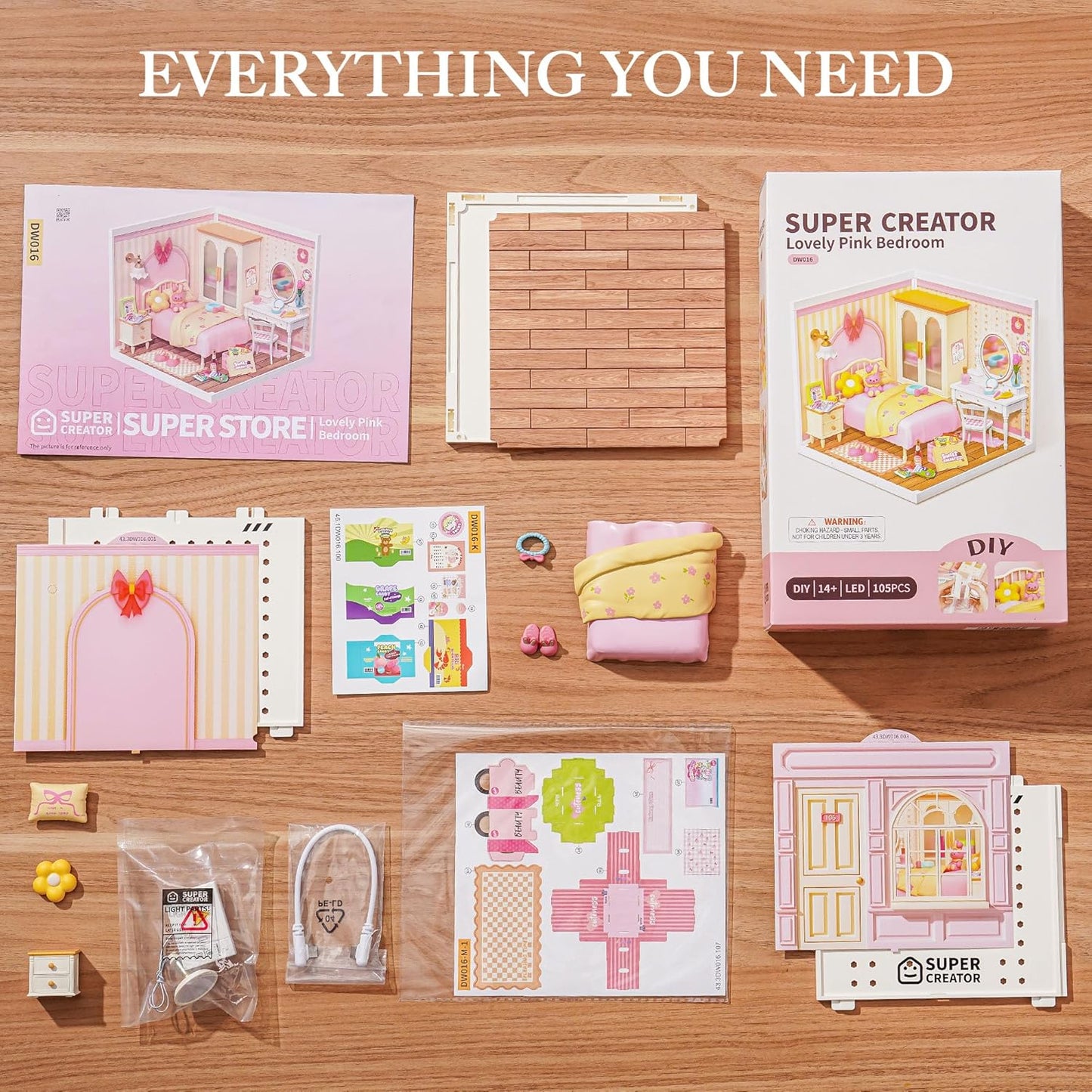 Rolife Lovely Pink Bedroom DIY Miniature House DW016