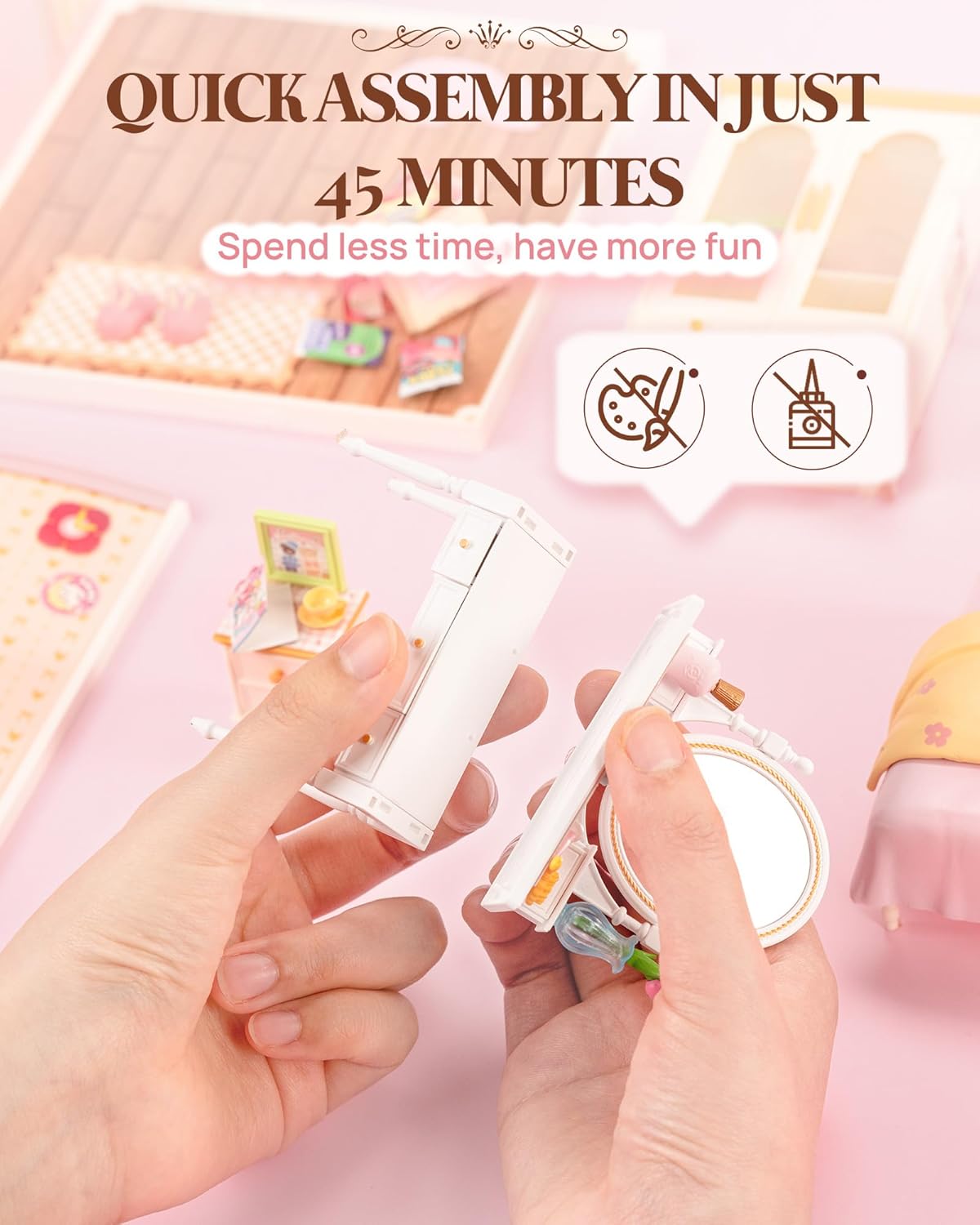 Rolife Lovely Pink Bedroom DIY Miniature House DW016