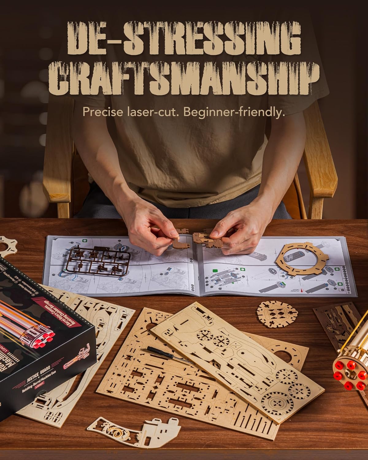 ROKR Rotating-Barrel Machine Gun Toy 3D Wooden Puzzle LQA01