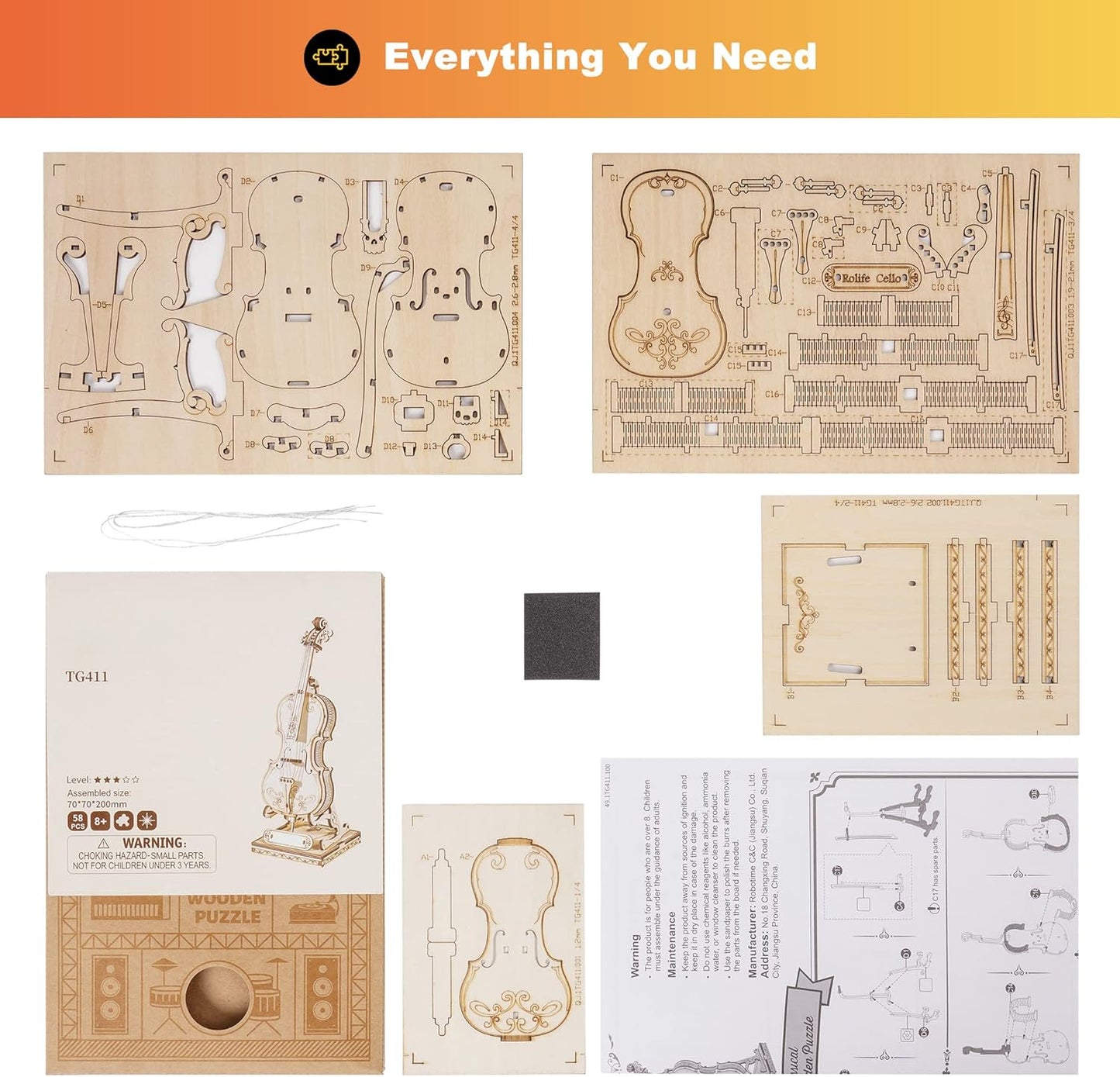 Rolife Cello DIY Wooden 3D Puzzle TG411