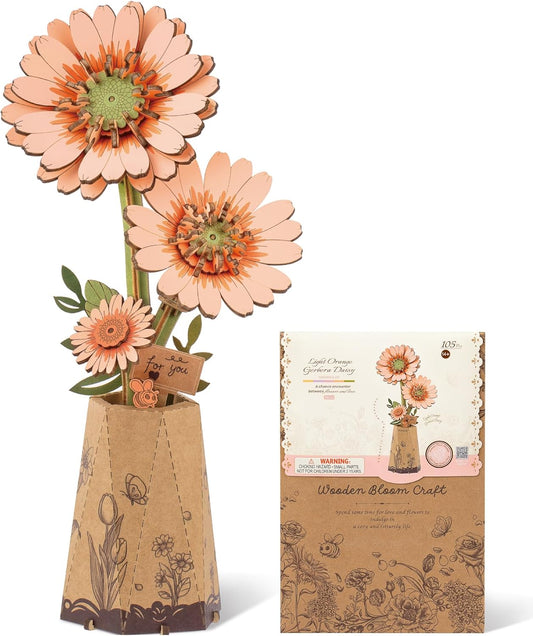 Rowood DIY Wooden Flower Light Orange Gerbera 3D Wooden Puzzle TW111