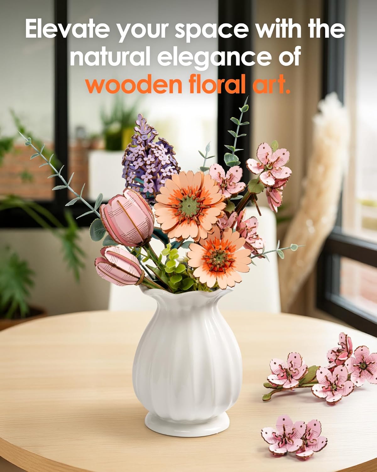 Rowood DIY Wooden Flower Light Orange Gerbera 3D Wooden Puzzle TW111