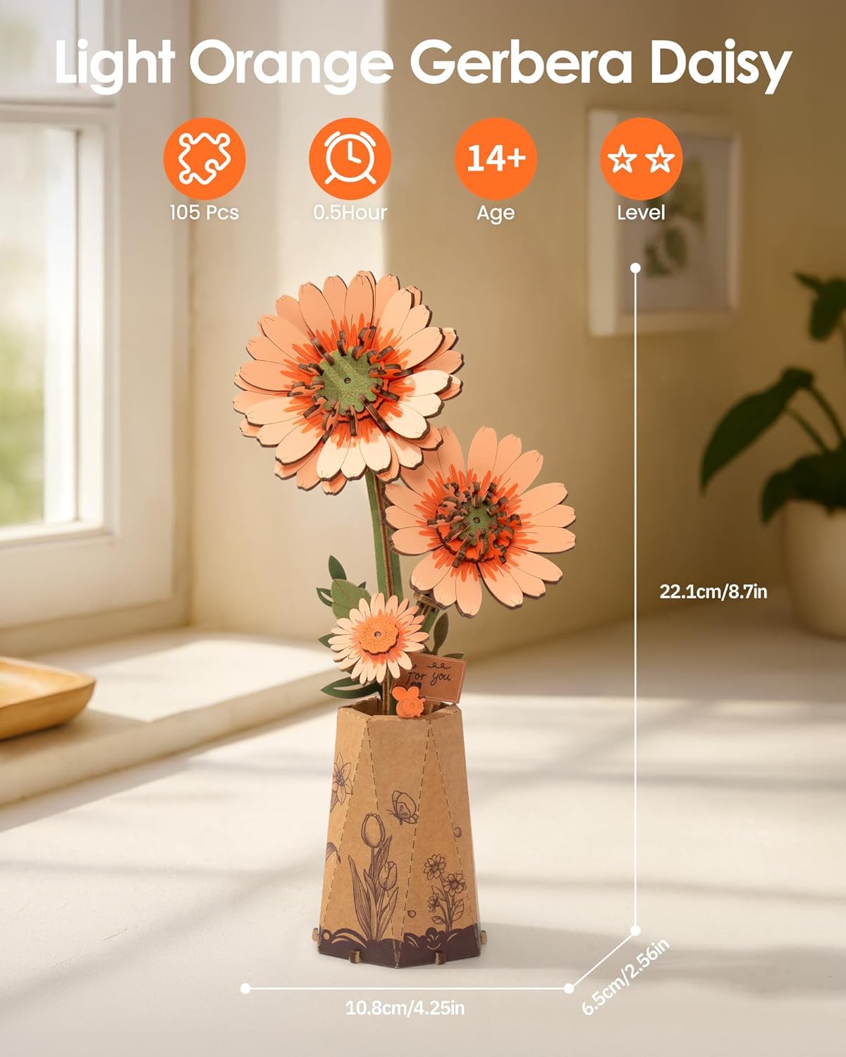 Rowood DIY Wooden Flower Light Orange Gerbera 3D Wooden Puzzle TW111