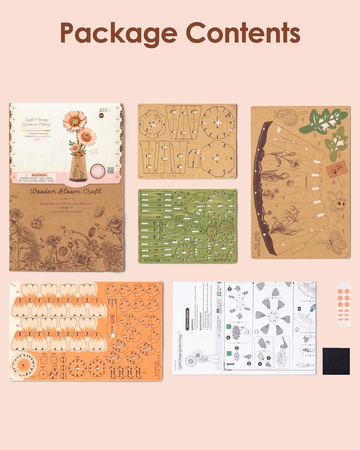 Rowood DIY Wooden Flower Light Orange Gerbera 3D Wooden Puzzle TW111