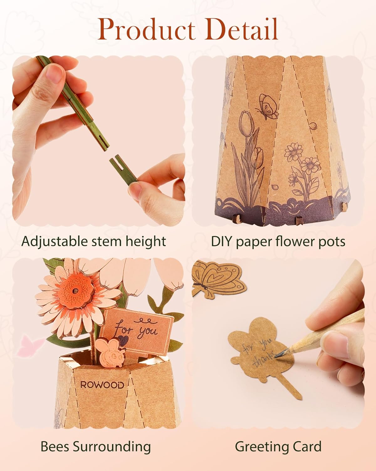 Rowood DIY Wooden Flower Light Orange Gerbera 3D Wooden Puzzle TW111