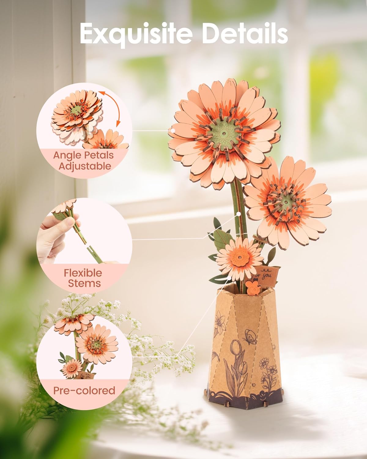 Rowood DIY Wooden Flower Light Orange Gerbera 3D Wooden Puzzle TW111